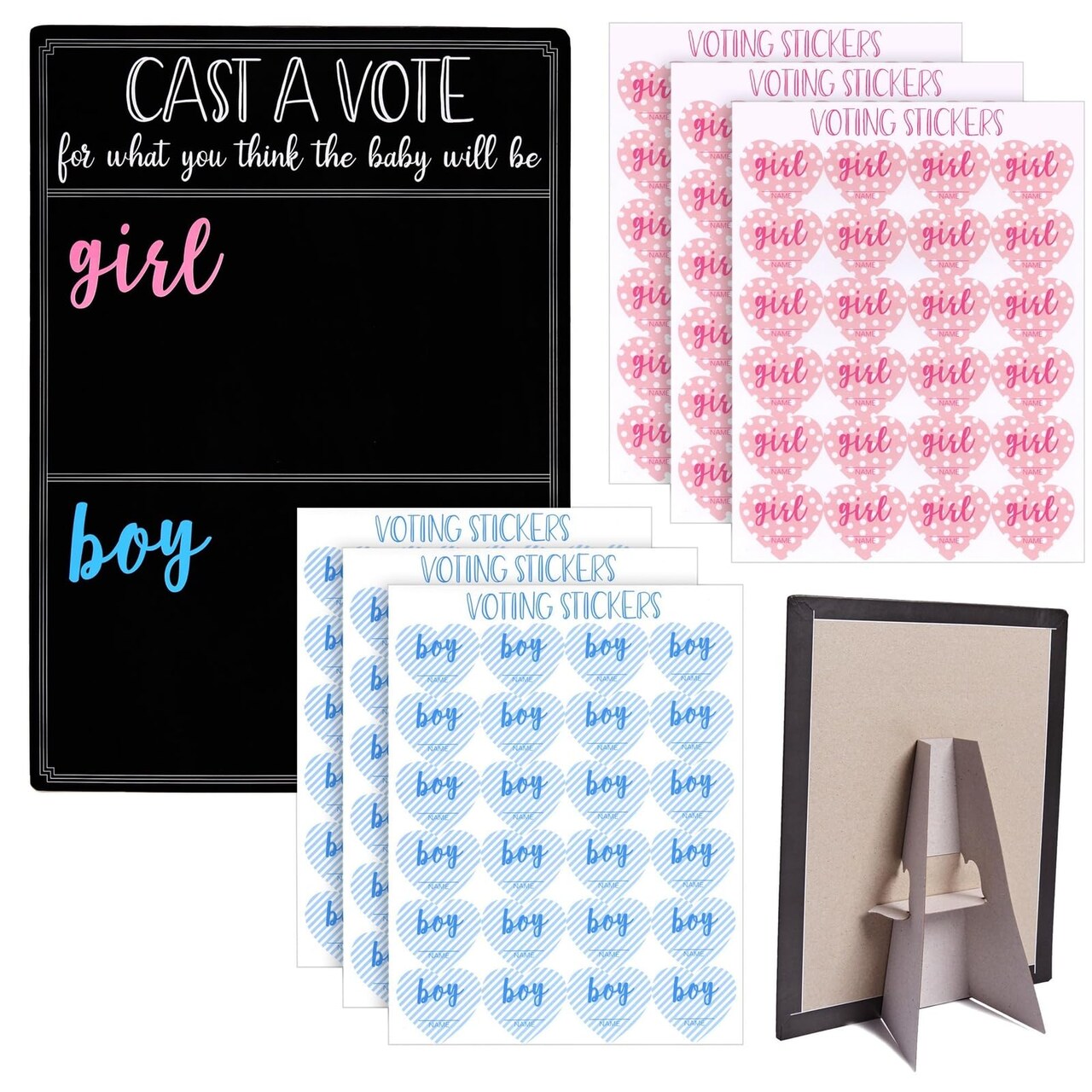 Juvale Baby Shower Decorations Gender Reveal Voting Board & Boy or Girl Guessing Board - Black Chalkboard 12 x 17 in - Baby Shower Game with 144 Pink & Blue Heart Voting Stickers